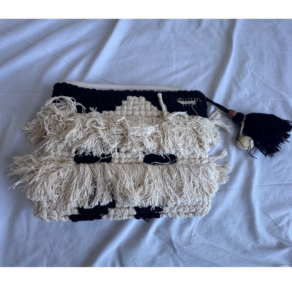 Sondra Roberts Squared Boho Fringe Woven Clutch Bag Black Cream Tassel western